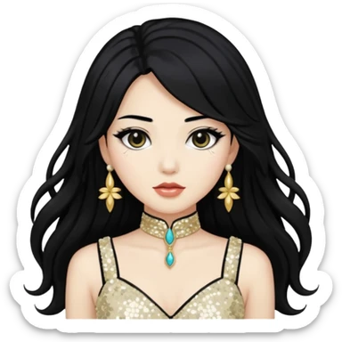 Anck Su Namun from Universal Monsters with long jet black hair, ivory sequin outfit  sticker