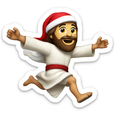 Jesus running, with a large stride and arms outstretched, santa hat sticker