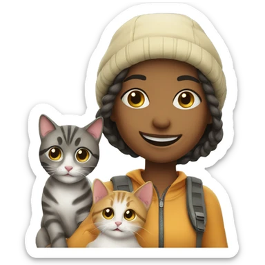 smiling girl in outdoor outfit with 2 cats sticker