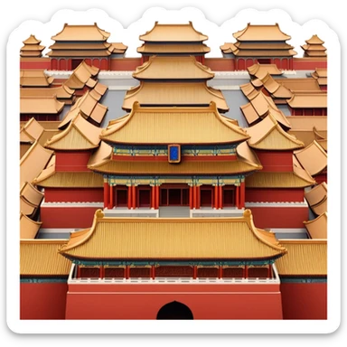 Cinematic Realistic Forbidden City Landmark Emoji, depicting grand imperial architecture with golden rooftops, vast courtyards, and intricate wooden carvings, all surrounded by towering red walls. sticker