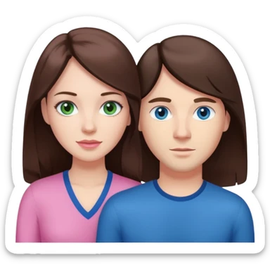 pink polaroid photo of a couple thats white with long brunette hair blue eyes and a white guy with short brunette hair and green eyes sticker