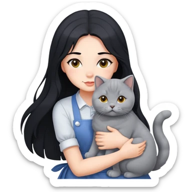 A beautiful girl with long black hair wearing an apron dress hugs a British Shorthair sticker