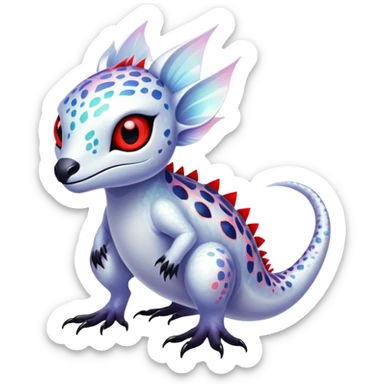 a translucent white with black belly and red eyes exotic edgy vernid-fionbri-creature with splash patterns full body sticker
