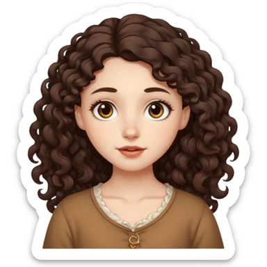 Aesthetic white girl with long curl hair color dark brown (almost black, but more brownish), big almond shape eyes color brown, small wide nose, natural lips, sweet expression. Dressed with a  cute top sticker