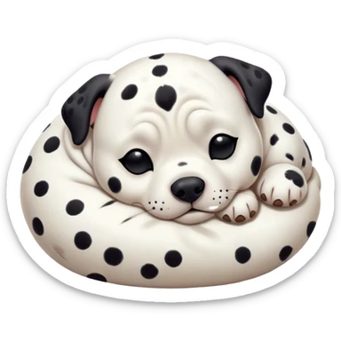 Cinematic Chubby Sleeping Dalmatian Portrait Emoji, Chubby and serene, with a round, plump build and a glossy white coat adorned with distinctive black spots, eyes gently closed in peaceful slumber, Simplified yet irresistibly endearing features, highly detailed, glowing with a gentle, dreamy glow, high shine, relaxed and content, stylized with a touch of whimsy, bright and heartwarming, soft glowing outline, capturing the essence of a blissfully sleepy companion, so comically serene it feels like it could roll out of the screen and snore with adorable charm! sticker