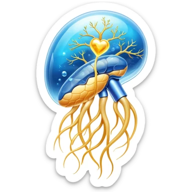 Ethereal omega-3 capsule with flowing golden energy connecting to a shimmering brain (cognition), heart (cardiovascular health), joint (anti-inflammatory), and eye (vision). Each connection glows with healing light, all suspended in a dreamlike blue atmosphere. sticker