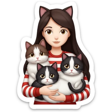 A girl with long dark brown hair is holding 3 cats, 1 cat is black and white, the second cat is completely white, the third cat is brown with white stripes but predominantly brown, they are fat, soft and fluffy cats sticker