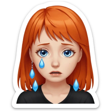 A woman with dark orange hair and bangs, blue eyes, an asmr streamer, crying, sticker