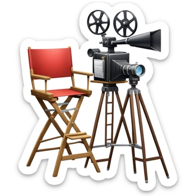 Icon for Directing: a director's chair, a film clapperboard, large movie camera and a stage with a spotlight. The icon should represent the creative and organizational aspects of directing, with focus on storytelling, staging, and performance. Transparent background. sticker
