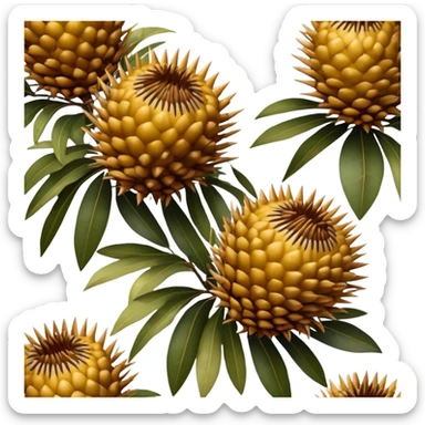Cinematic Realistic Banksia Emoji, Bold and striking, with spiky, cylindrical flower heads covered in rich golden hues. The leaves are thick and leathery, adding a sense of strength to this unique and iconic tree. Soft glowing outline, capturing the essence of Australian ruggedness and floral beauty in a distinctive banksia tree! sticker