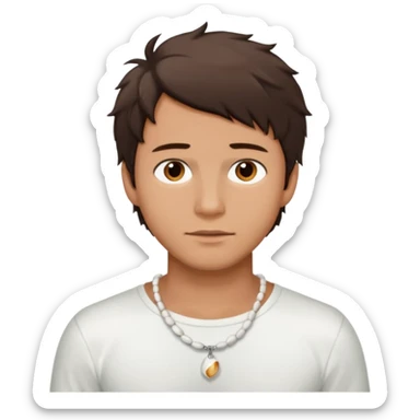 create an emoji of a young man. he has a surfer look, with short messy dark brown hair, brown eyes, tanned skin, natural lips. he wears a white tight shell necklace with a white shirt sticker