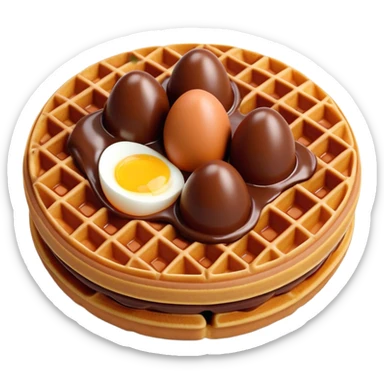 3D rendered hyper-realistic chocolate Hong Kong egg waffle, rich brown color, glossy bubbles with detailed texture, candy-like sheen, playful presentation, soft illumination sticker