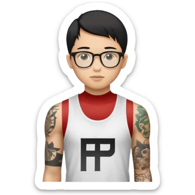 A young boy with A macbook laptop, black straight short hair, wearing glasses, wearing a tanktop, has tattoos, he is asian

Add the letters "P I F" floating around sticker