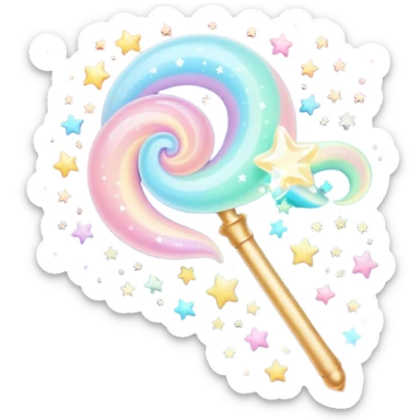Cinematic cute magical wand, pastel swirls of color, tiny twinkling stars floating around, glowing softly, chubby rounded edges, whimsical and dreamy. sticker