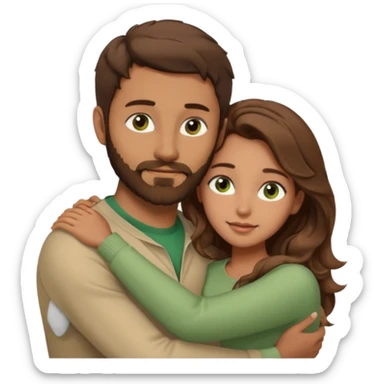 a man with short brown hair and brown beard with brown eyes and a girl with long brown wavy hair with green eyes, togheter. Beige clothes, hugged each other sticker