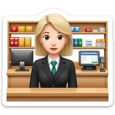 Professional female bank clerk in formal business attire behind a counter sticker
