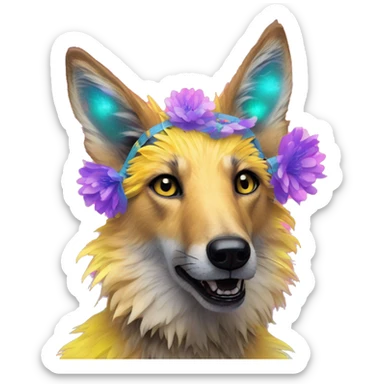  brindle fluffy lurcher Alsatian fox running blue eyes fluffy ears and iridescent holographic oilslick harness wearing paper flower crown yellow caution tape neon sign sticker