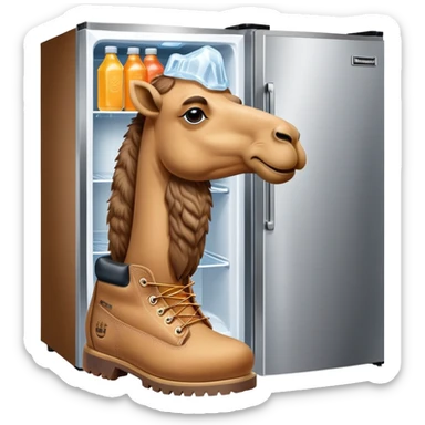 A desert camel head and neck attached to a stainless steel refrigerator body with ice dispenser, wearing classic Timberland-style work boots sticker