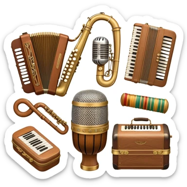Create a colorful and cultural humanless emoji representing folk singing. The design should feature a collage of flowing design around a vintage microphone and traditional folk instruments, such as a wooden flute (dudka), a button accordion (harmon), a set of gusli, and a tambourine (buben), all arranged in a harmonious. The instruments should have earthy, natural tones like wood browns, brass accents, and vibrant colors reflecting their folk origins. Add subtle musical notes to tie the elements together, symbolizing the power of folk music. The background should be transparent. sticker