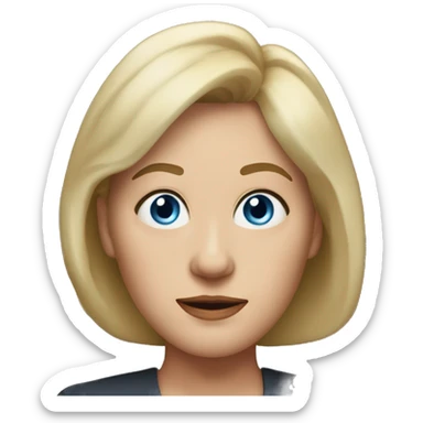 widow with blonde, shoulder length hair with bangs all across forehead and sides swept back from face, blue eyes,  60 years old, 180 pounds sticker