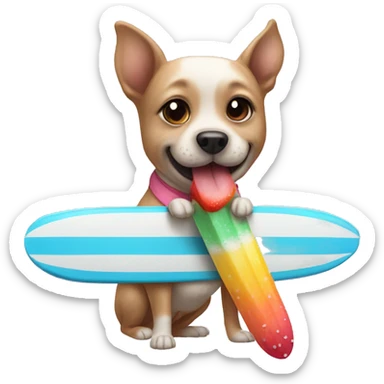 A dog wearing a tutu on a surfboard eating a popsicle ￼ sticker