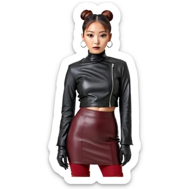 Full-body shot of an East Asian woman with a sleek bun at the nape of the neck, not a high bun. Oversized black leather jacket to the hips, black turtleneck, silver orb necklace. Red leather mini skirt, burgundy tights, red long boots. Fashion-editorial style. sticker