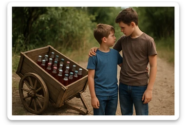 Bir g'ildiragi singan ichimliklar ortilgan arava uning yonida aka uka bir biriga havotirli nigoh bilan qarab turibdi realistik uslubda yuzi ko'rinmasin sticker