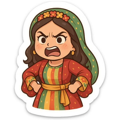 Cartoon sticker of a Kurdish woman wearing traditional colorful and cheerful Kurdish female clothing, face showing anger and rage, hands on hips and body slightly leaning forward as a sign of protest or argument, no shadow or color halo around the image, no text, suitable for WhatsApp and Instagram, with a completely transparent background. sticker