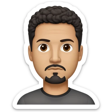 Hispanic man in his late 40s with tan skin. Square face with defined jawline. Serious expression with focused dark eyes. Black goatee with some gray. Short curly dark hair. Professional demeanor. Wearing a black shirt. sticker