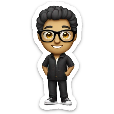 "Design a 'Cinephile' emoji featuring a cool character with film reel eyes, wearing stylish black glasses. Add a small clapperboard and popcorn bucket in the background, capturing the essence of movie lovers with a sleek and cinematic vibe." sticker