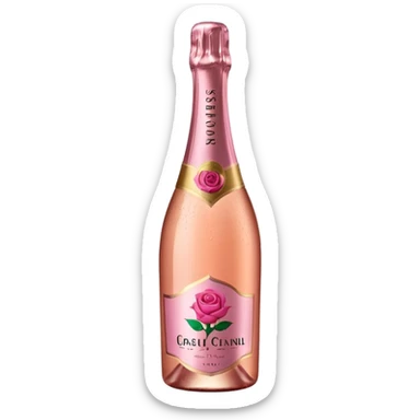 bottle of sparkling rosé champagne with a rose logo on the label, tilted up and to the right, no glass sticker