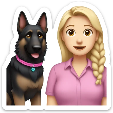 black german shepherd with brown paws only wearing a pink collar with owner who has sandy blonde hair in a single braid with blue eyes and teal shirt  sticker