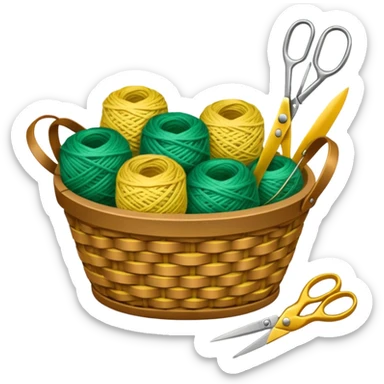 A tidy basket with neatly arranged green and yellow skeins and scissors. sticker