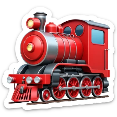 A 3D cartoon red train engine with headlights and wheels visible, realistic reflections, Memoji-style. sticker