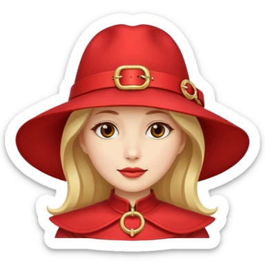 Woman with red wide-brim hat and gold buckle.








































 sticker
