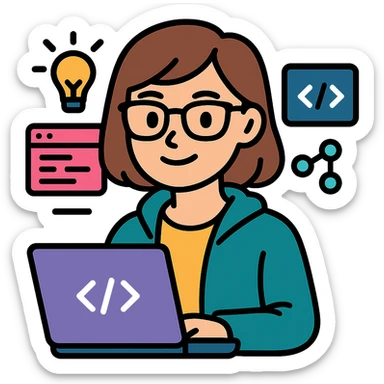 Transform the smart coder into a female character who is creative and clever, wearing glasses, depicted in a modern tech style with no background. sticker