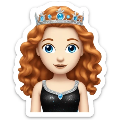 Beautiful girl with long wavy redhair, pale skin and bright blue eyes. She wears a sparkly black dress and a silver crown  sticker