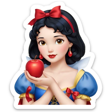 Cinematic Realistic Snow White Portrait, depicted with lifelike skin texture, soft natural lighting, and intricately detailed black hair styled with a red ribbon. Her soft brown eyes radiate innocence and kindness, complemented by a warm, gentle smile. She holds an apple in one hand, her other hand resting against her cheek, embodying her purity and charm. She is dressed in her classic yellow, blue, and red gown, the fabric rich in texture with delicate folds that catch the light beautifully. The portrait features a soft, natural glow with a radiant finish, capturing the essence of timeless beauty in a realistic and painterly style. sticker