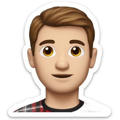 Man with straight brown hair and brown eyes wearing red and black buffalo plaid pjs. White skin. sticker
