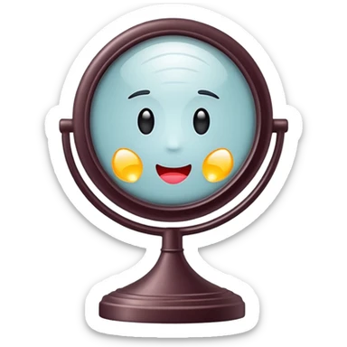 Minimalist emoji-style sticker of a vanity mirror with dim bulbs and cracked glass, words “Am I real yet?” smeared in dusty lipstick tone


 sticker