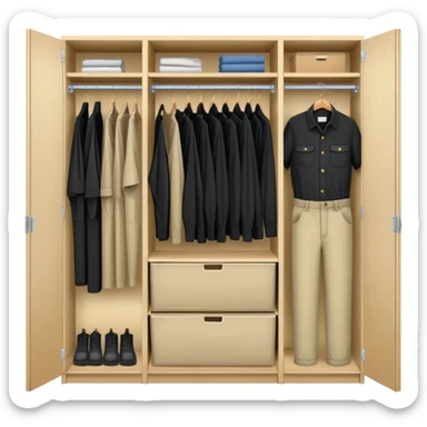 Wardrobe with both doors open showing organized collection of black shirts, khaki pants and overalls for work sticker