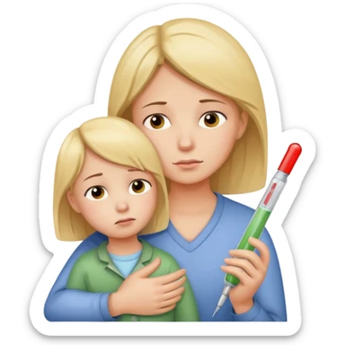 tired parent comforting a child with a thermometer sticker