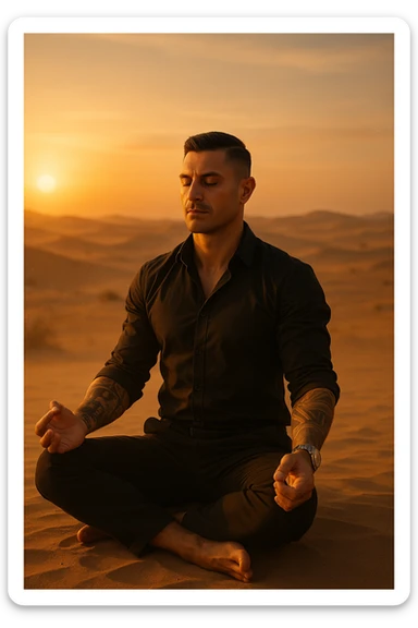 Man meditating alone in the desert at golden hour, sitting in a calm but grounded posture, radiating calm and powerful masculine energy. Minimalist surroundings, soft wind, dust in the air. Peaceful expression, symbolic of self-mastery and inner strength. Cinematic style. sticker