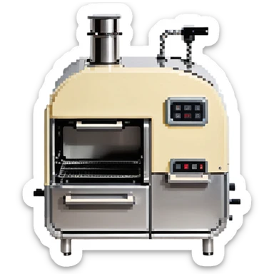 A robotic baker with stainless steel limbs, built-in mixers, and a retro-futuristic oven. The environment is industrial-chic: brushed metal surfaces, LED panels, and mechanical arms. UI mimics control panels with toggle switches, rivets, and analog dials. sticker