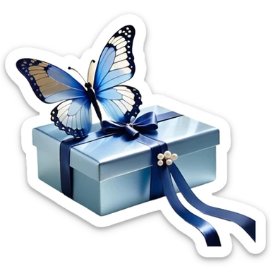 A translucent blue butterfly with pearl-like speckles rests gently on a cascading satin ribbon, its soft sheen reflecting the morning light. The ribbon, tied into an elegant bow, drapes over a lace-trimmed wooden box, while delicate shadows dance across its surface. Another butterfly, with wings as light as gossamer, flutters nearby, its movement barely stirring the air. sticker