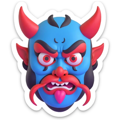 Japanese Tengu demon mask with thick black eyebrows, large cartoonish angry eyes, big curved red nose, black mustache, tongue sticking out, and blue sweat droplets on forehead sticker