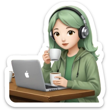 A Korean girl at a dive bar with a laptop and headphones with coffee watchin a korean drama the clothes in sage green sticker