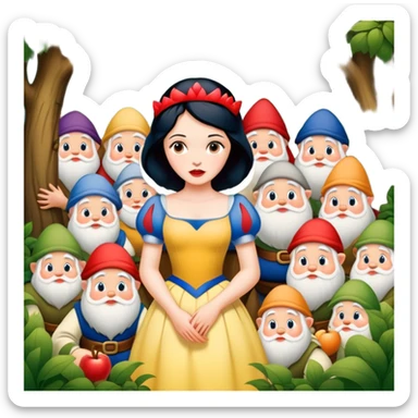 Snow White standing gracefully in a lush forest, surrounded by the Seven Dwarfs sticker