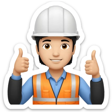 Una persona con pelo negro varon con casco blanco inginiero cilvil pulgar arriba sticker