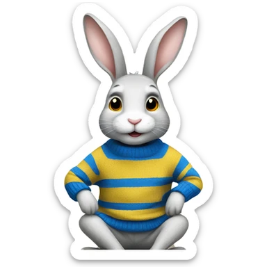Rabbit is sitting and wearing blue and yellow stripe sweater sticker